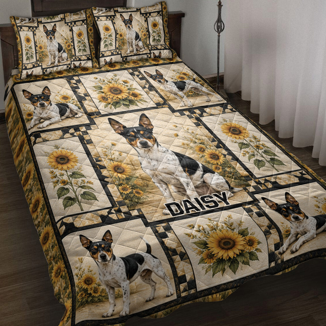 Rat Terrier quilt blanket displayed on a bed with sunflower panels, geometric borders, and coordinated pillow designs