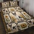 Rat Terrier quilt blanket displayed on a bed with sunflower panels, geometric borders, and coordinated pillow designs