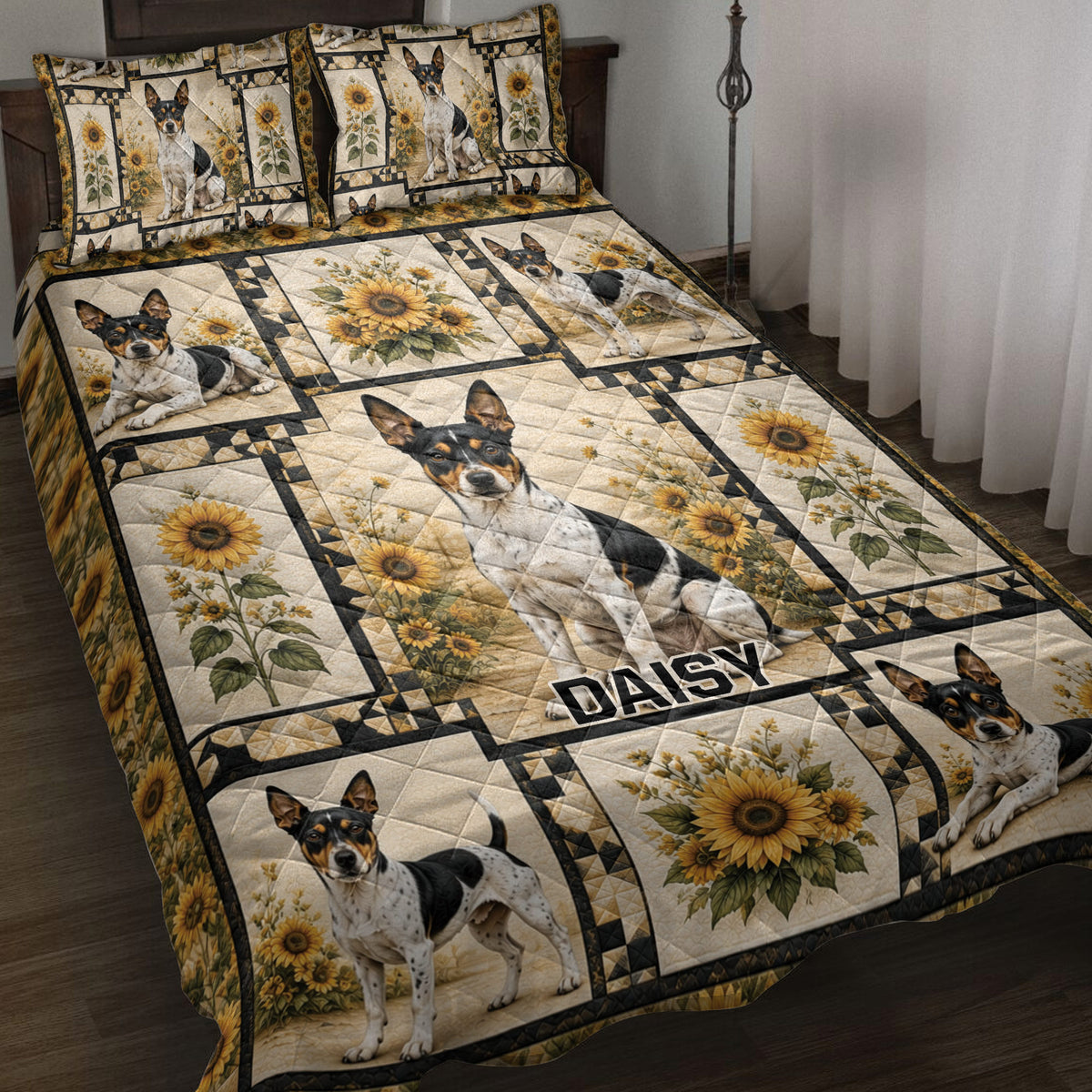 Rat Terrier quilt blanket displayed on a bed with sunflower panels, geometric borders, and coordinated pillow designs