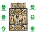 Rat Terrier quilt bedding set shown front-facing with sunflower artwork and soft, breathable product feature icons