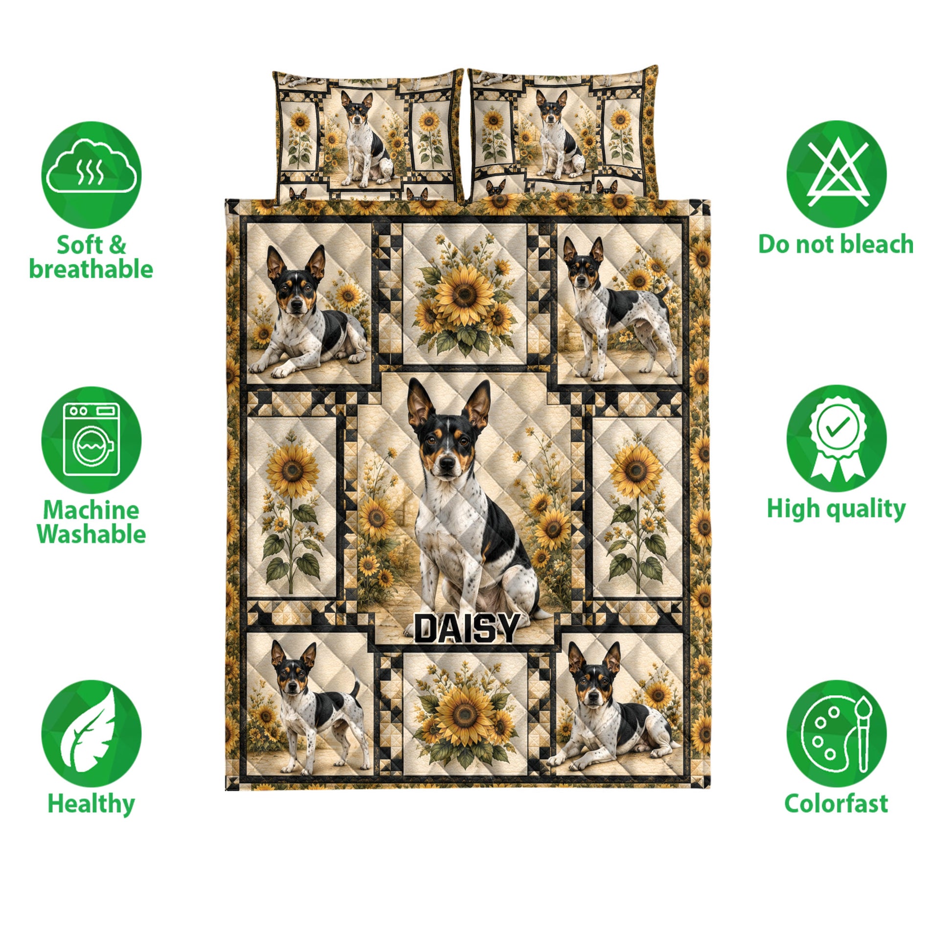 Rat Terrier quilt bedding set shown front-facing with sunflower artwork and soft, breathable product feature icons