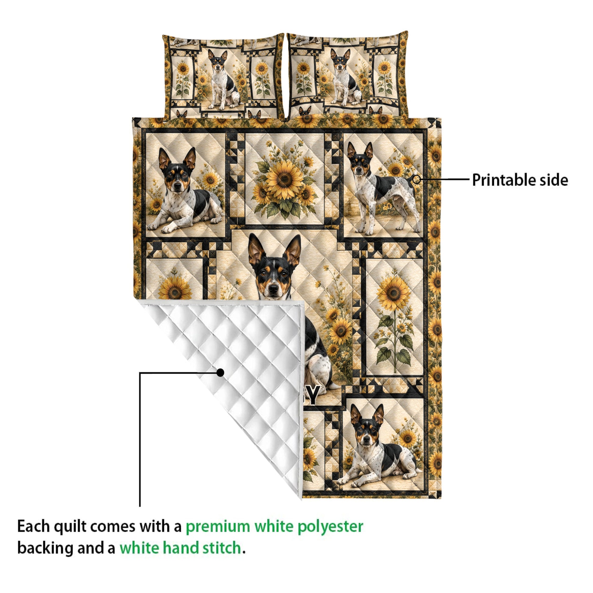 Rat Terrier quilt blanket detail showing the printed sunflower dog design and white diamond-quilted backing