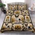 Rat Terrier quilt bedding styled in a bright bedroom with sunflower panels and multiple dog portraits