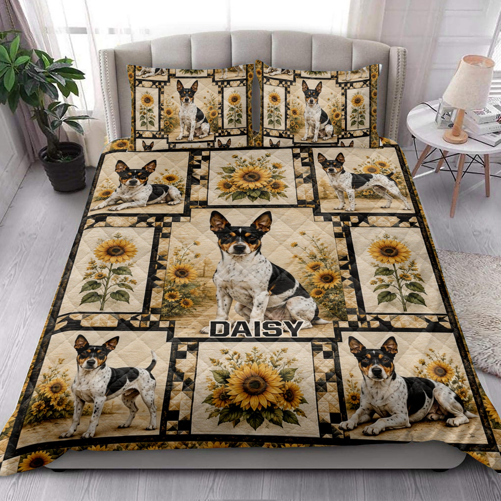 Rat Terrier quilt bedding styled in a bright bedroom with sunflower panels and multiple dog portraits