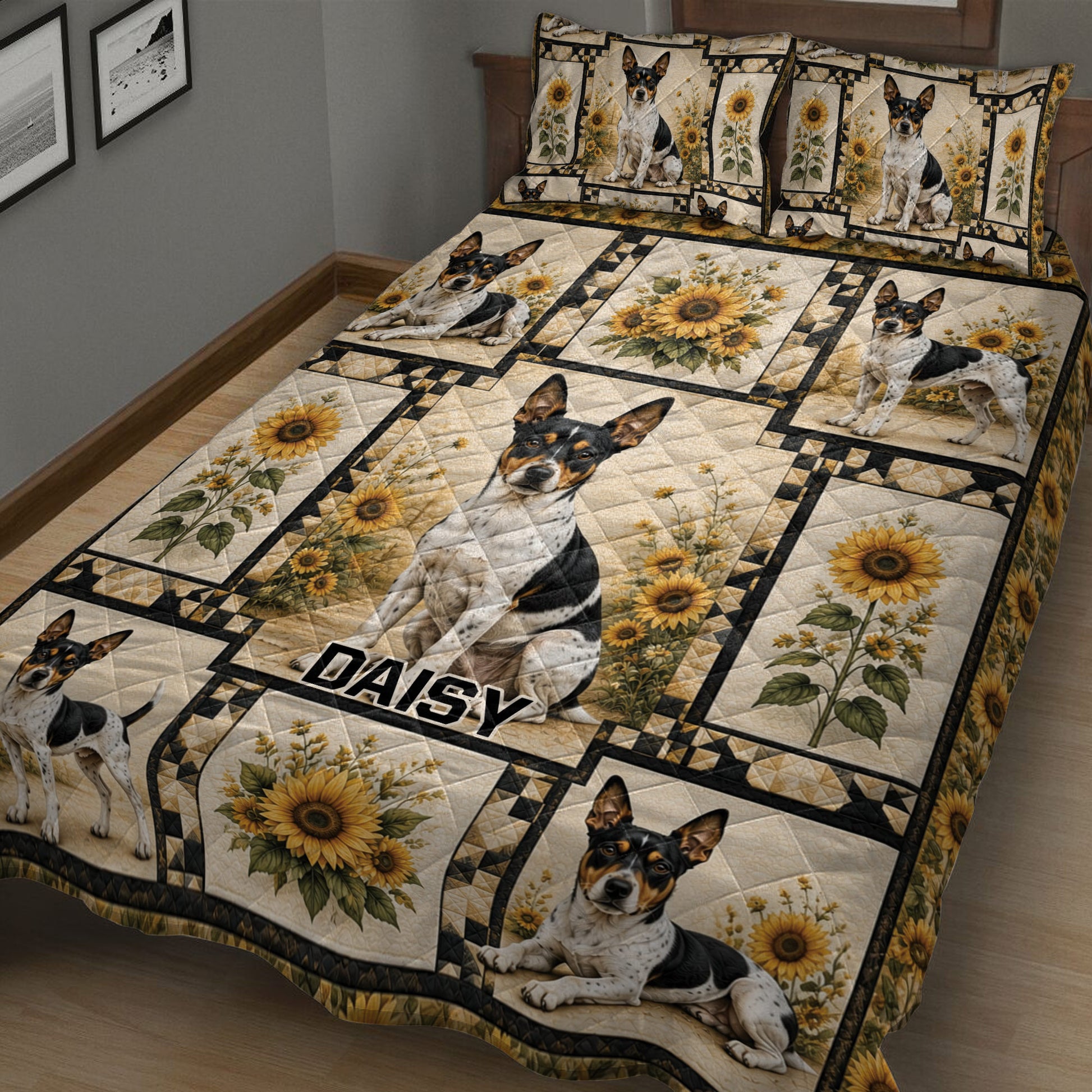 Rat Terrier quilt blanket displayed across a bedroom with sunflower artwork and black geometric framing