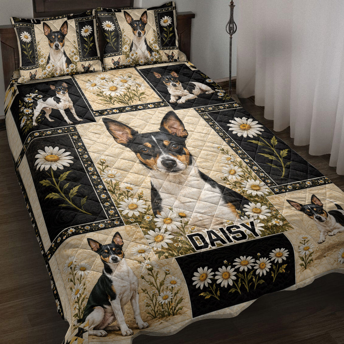 Rat Terrier quilt blanket with black and cream floral panels displayed on a bedroom bed