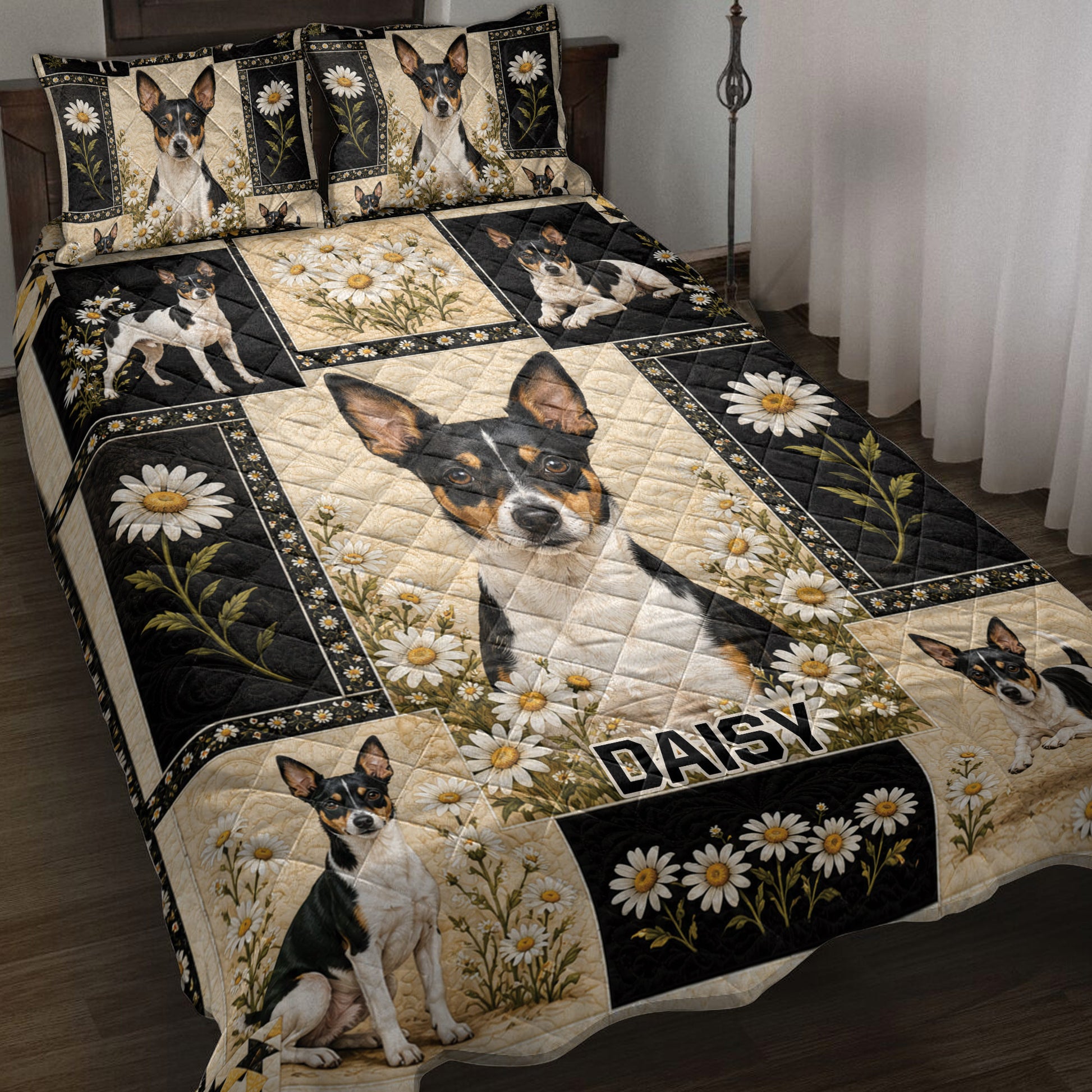 Rat Terrier quilt blanket with black and cream floral panels displayed on a bedroom bed