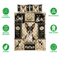 Rat Terrier quilt bedding set shown with daisy artwork and product feature icons