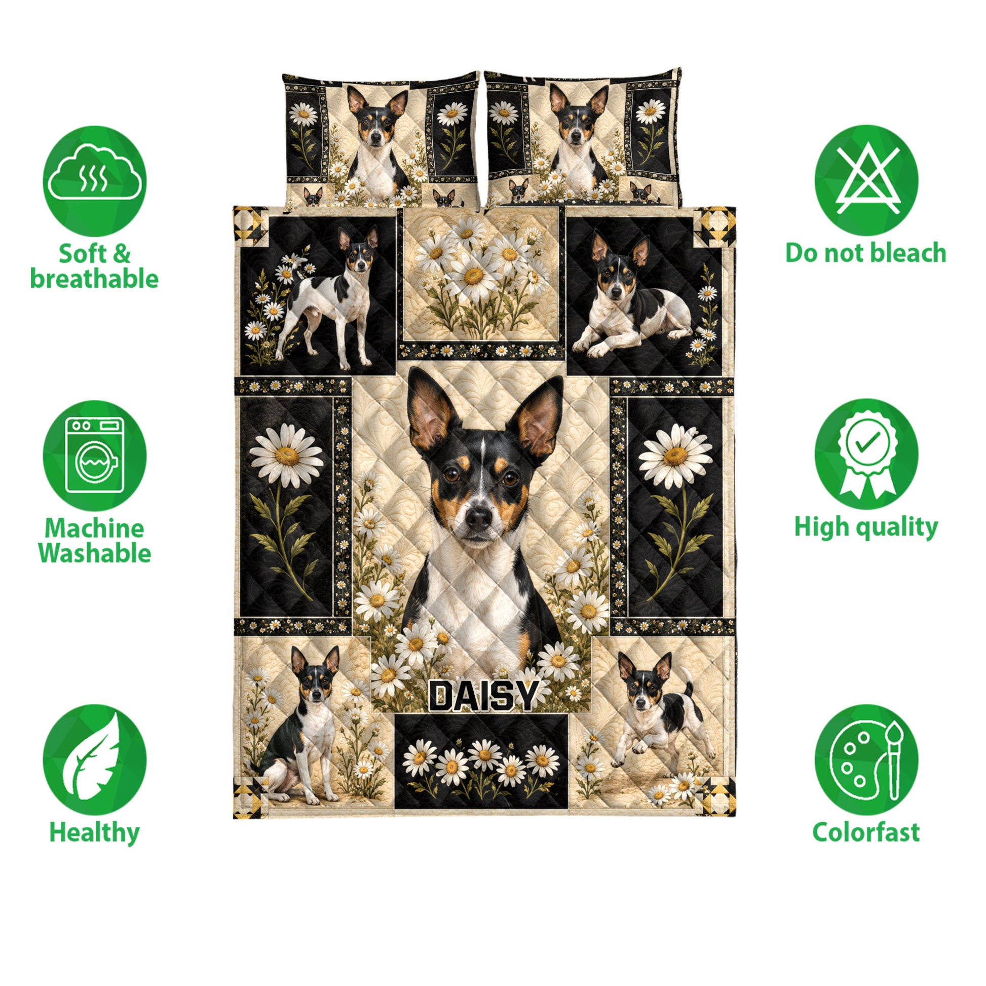 Rat Terrier quilt bedding set shown with daisy artwork and product feature icons