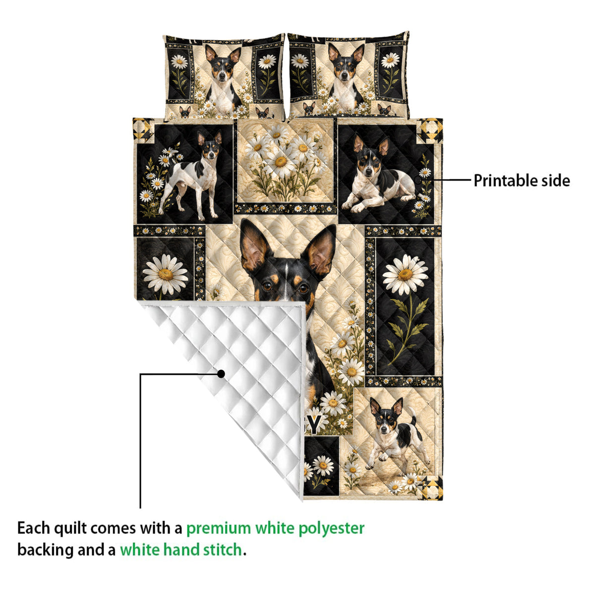 Rat Terrier quilt blanket showing the printed front and white quilted backing