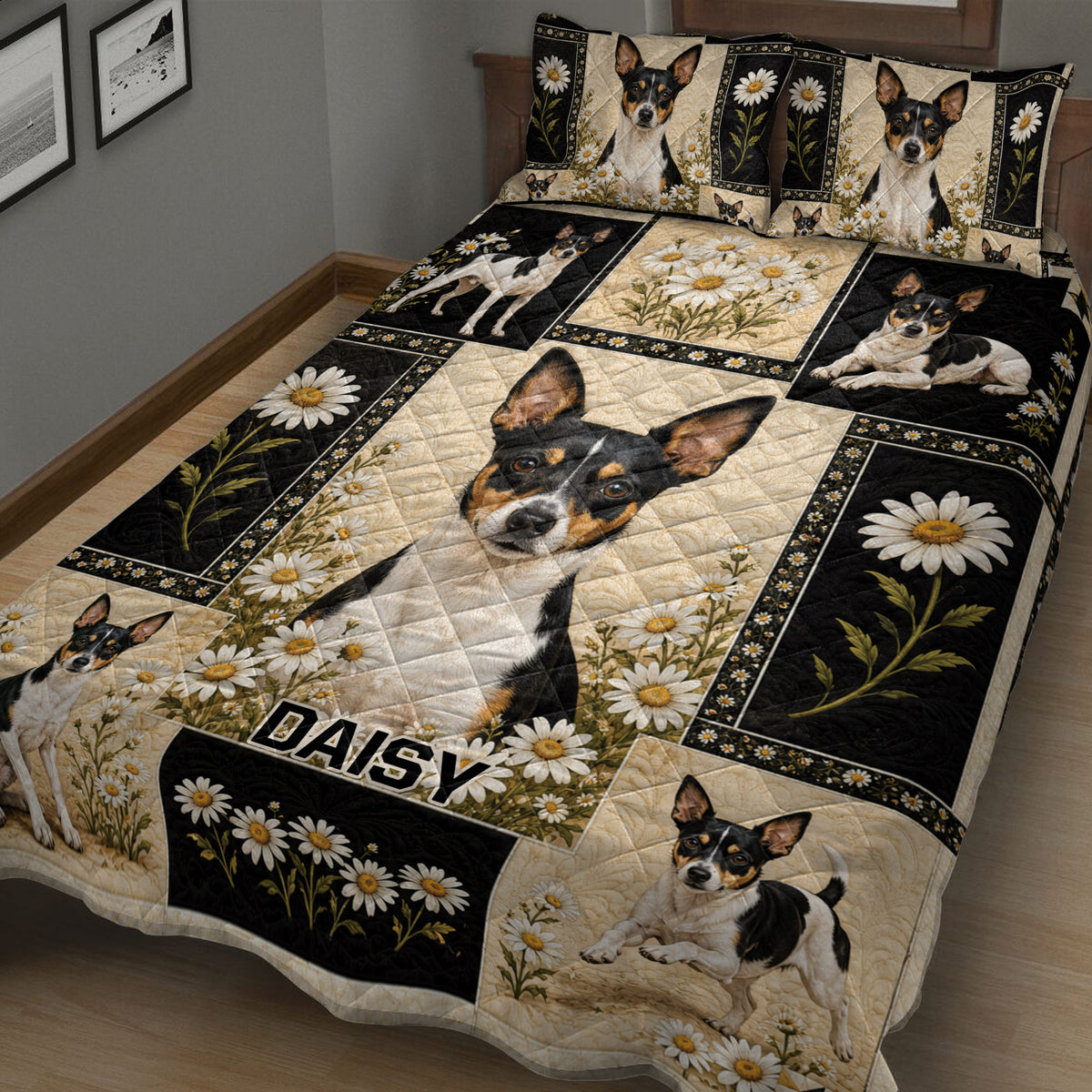 Close bedroom view of Rat Terrier quilt bedding with daisies and black floral panels
