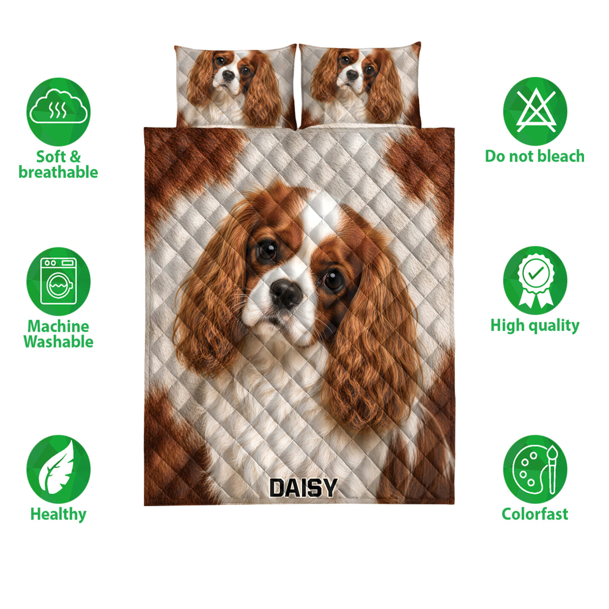 Cavalier King Charles Spaniel quilt bedding set shown with soft breathable and care feature icons