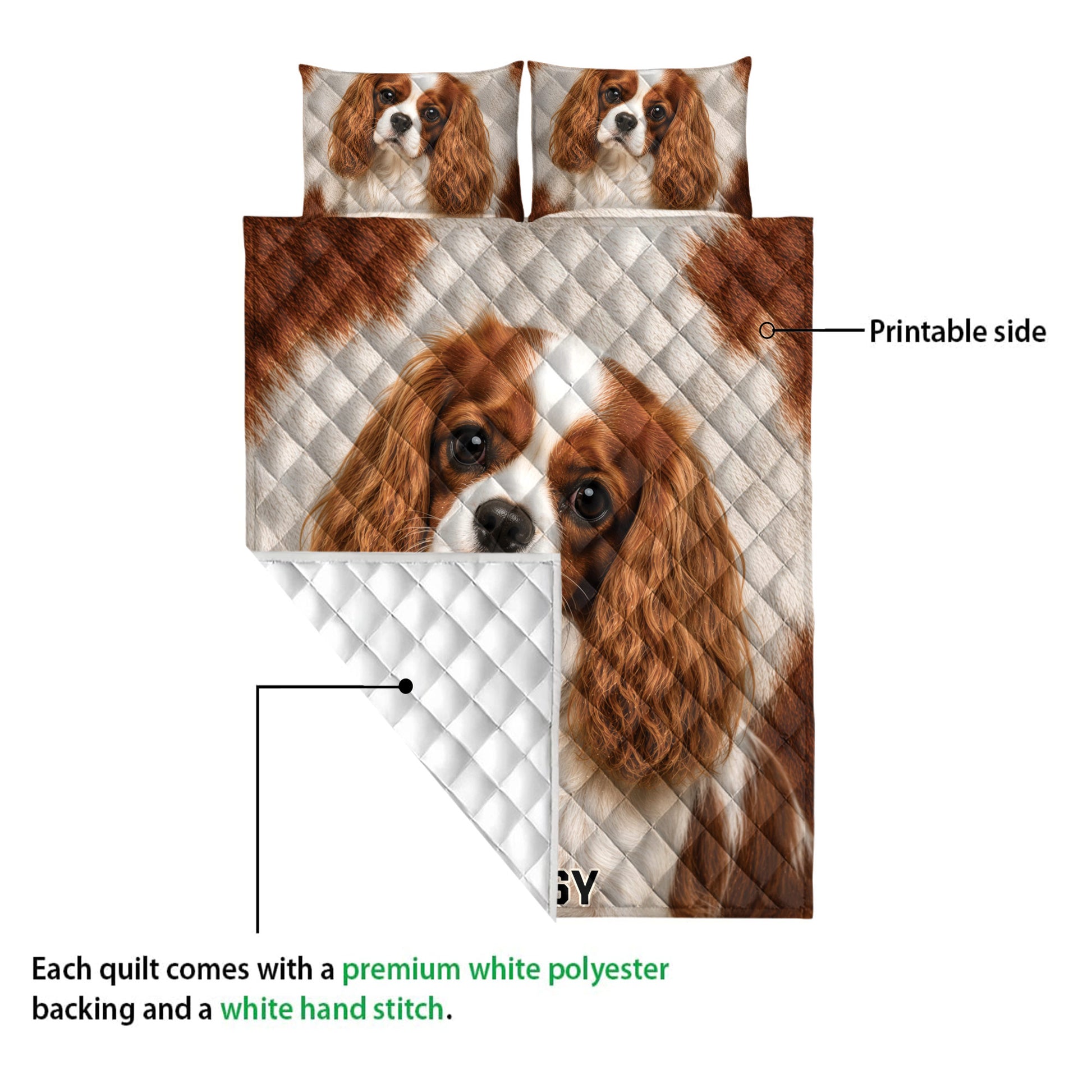 Cavalier King Charles Spaniel quilt showing the printed front and white quilted backing