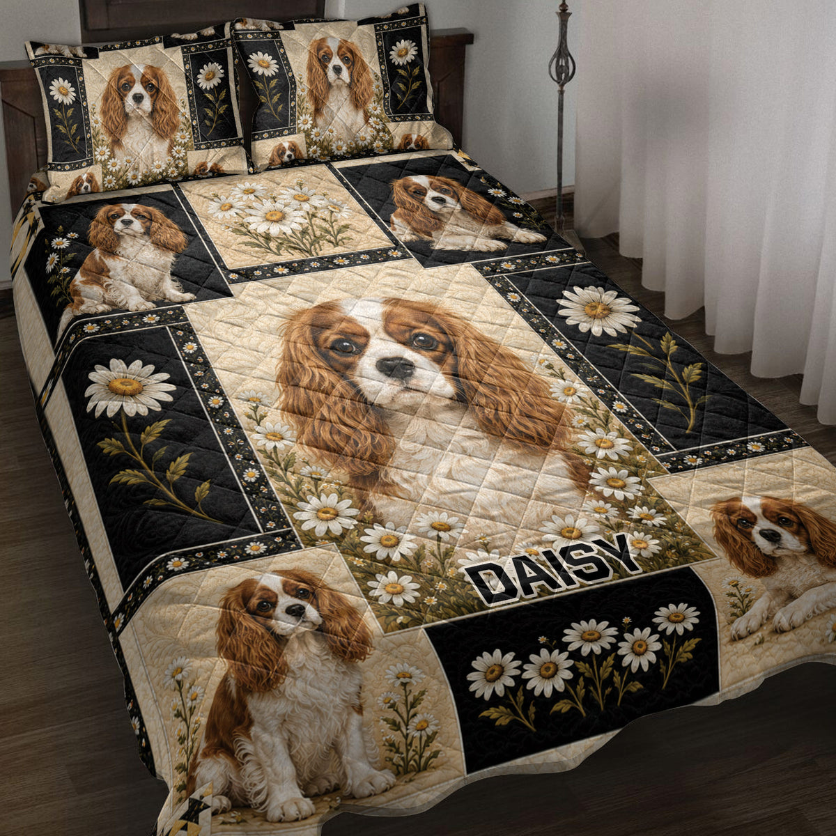 Cavalier King Charles Spaniel quilt blanket displayed on a bed with daisies and black floral panels