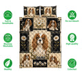 Cavalier King Charles Spaniel quilt bedding set with floral artwork and product feature icons