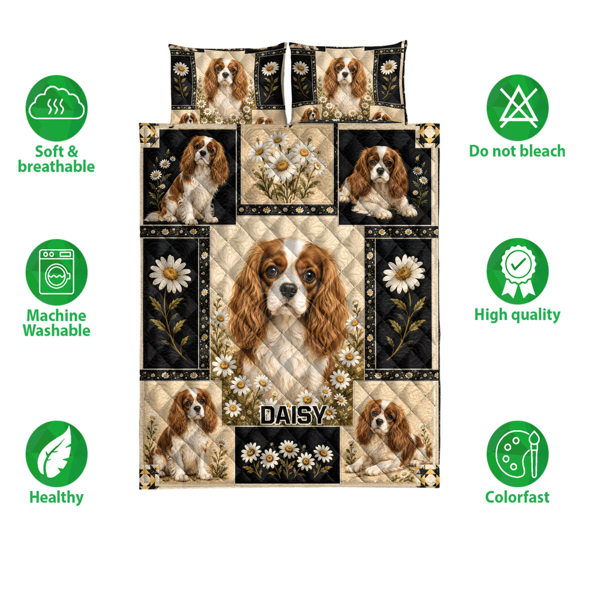 Cavalier King Charles Spaniel quilt bedding set with floral artwork and product feature icons