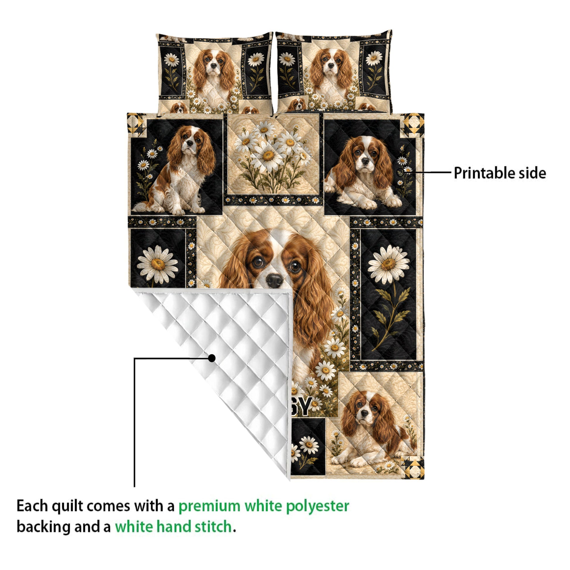 Cavalier King Charles Spaniel quilt showing the printed front and white stitched backing