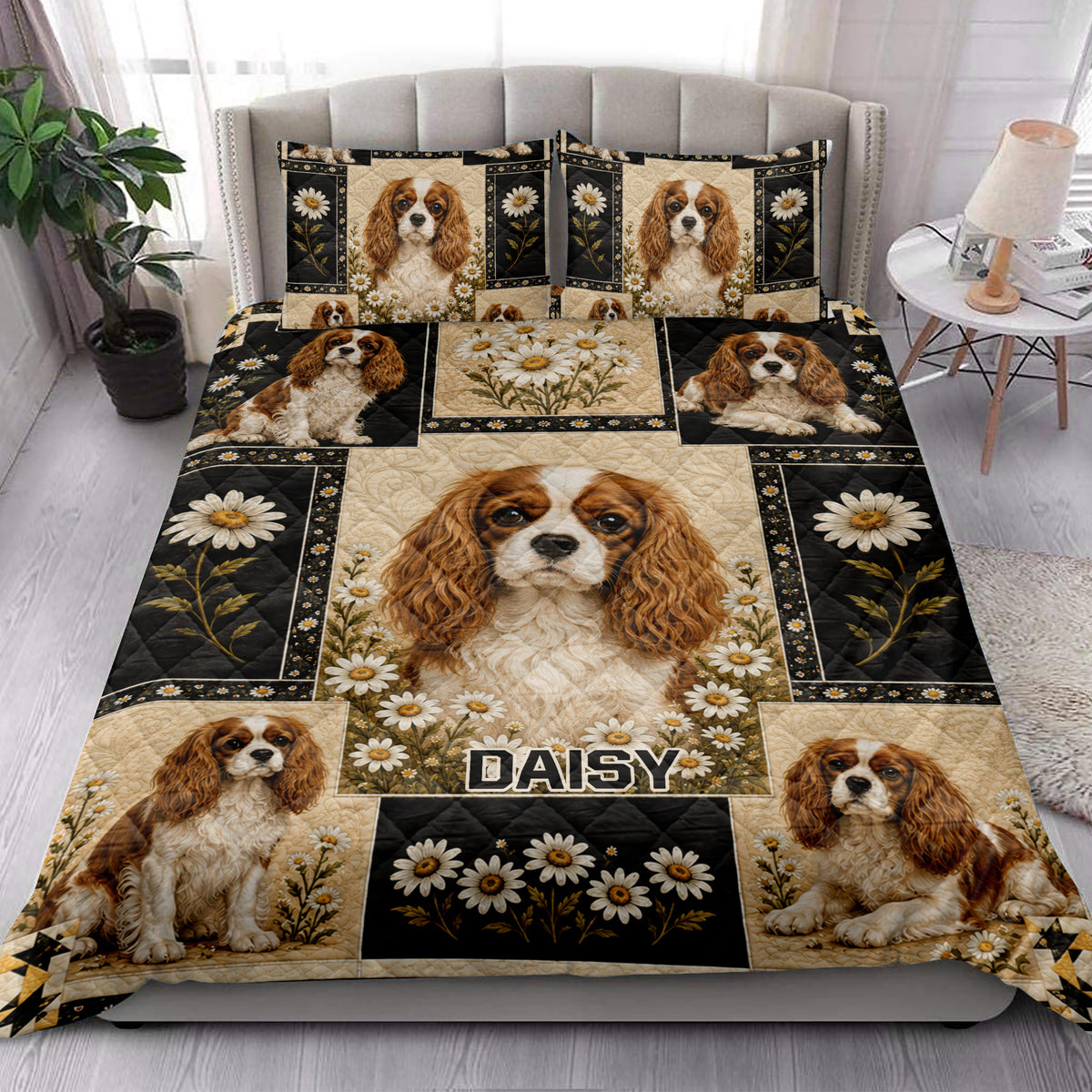Cavalier King Charles Spaniel floral quilt bedding styled across a bright bedroom