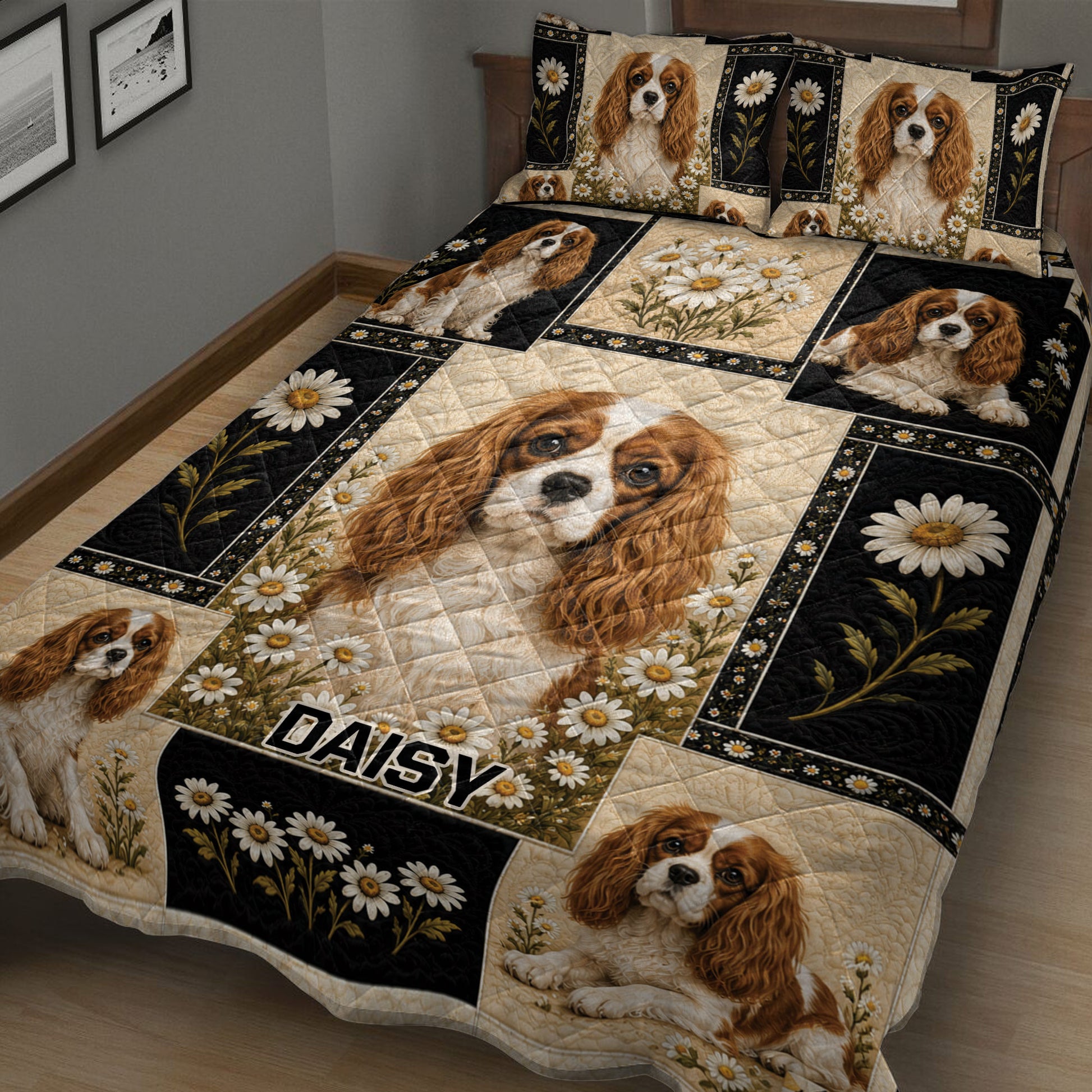 Cavalier King Charles Spaniel quilt blanket shown in a bedroom with daisy artwork