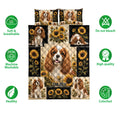 Cavalier King Charles Spaniel quilt bedding display with sunflower artwork and soft breathable fabric icons