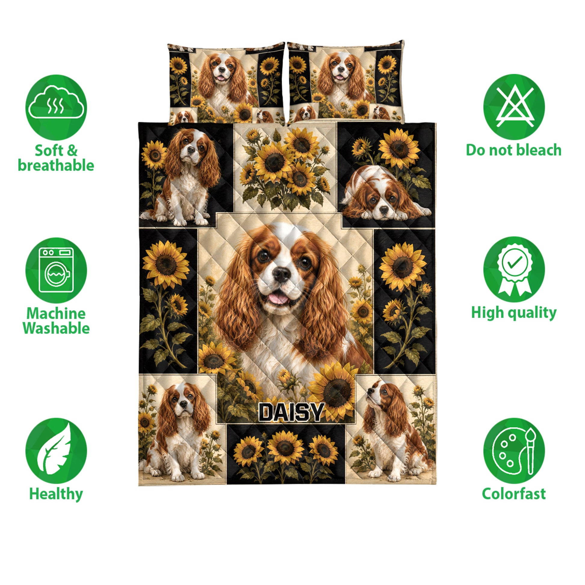 Cavalier King Charles Spaniel quilt bedding display with sunflower artwork and soft breathable fabric icons