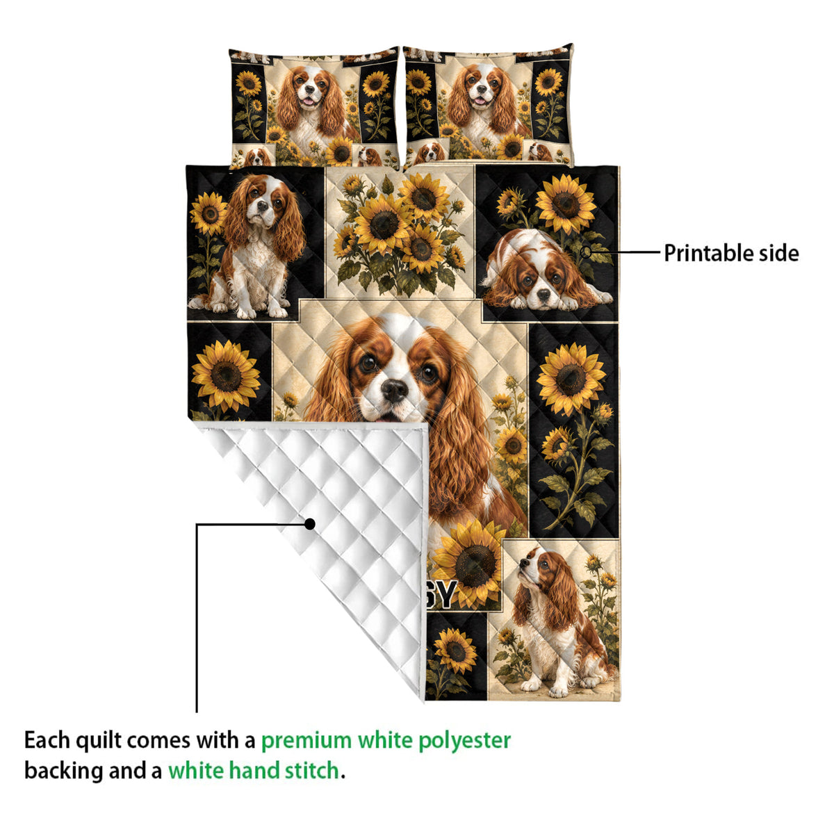 Cavalier King Charles Spaniel quilt showing the printed front, white quilted backing, and stitched construction