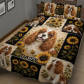 Cavalier King Charles Spaniel bedspread featuring detailed dog portraits, sunflowers, and black botanical panels