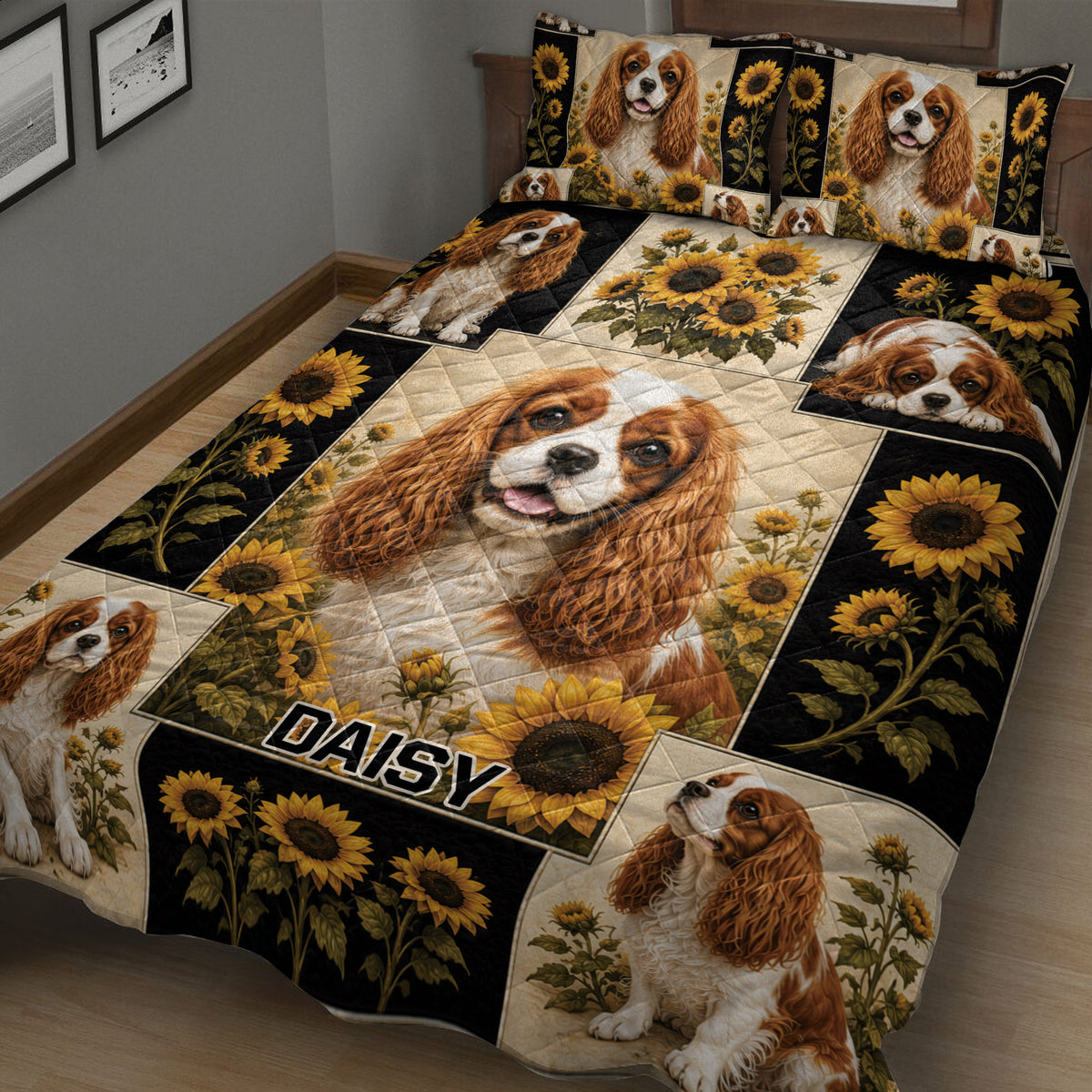 Cavalier King Charles Spaniel bedspread featuring detailed dog portraits, sunflowers, and black botanical panels