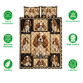 Cavalier King Charles Spaniel quilt bedding set shown with dog portrait panels and product feature icons