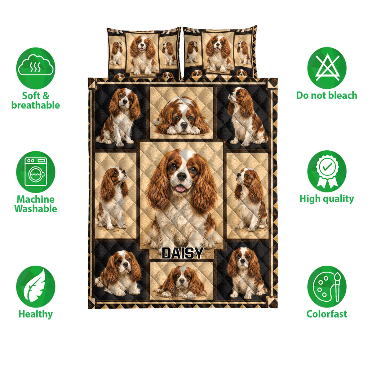Cavalier King Charles Spaniel quilt bedding set shown with dog portrait panels and product feature icons