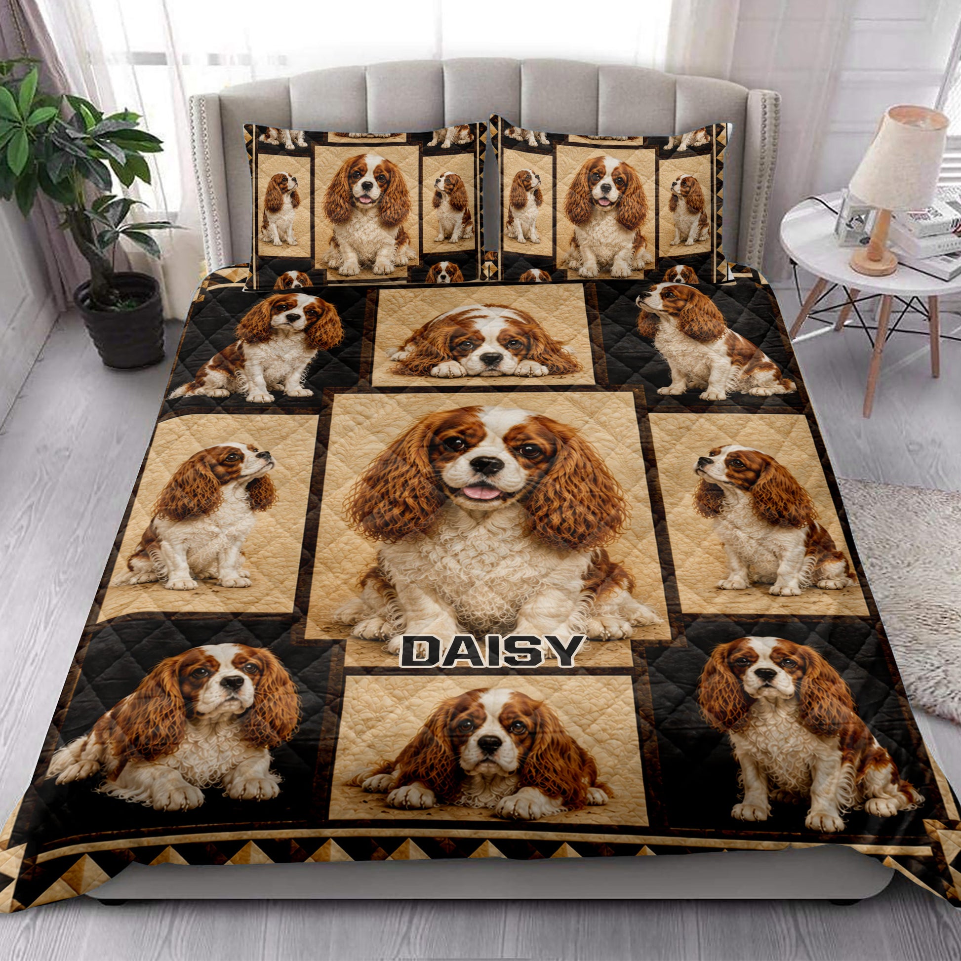 Cavalier King Charles Spaniel quilt blanket styled on a bedroom bed with matching dog portrait panels