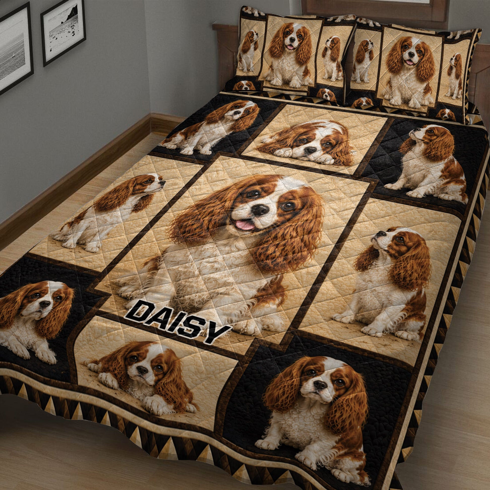 Cavalier King Charles Spaniel quilt bedding set shown from an angled bedroom view with repeated dog artwork