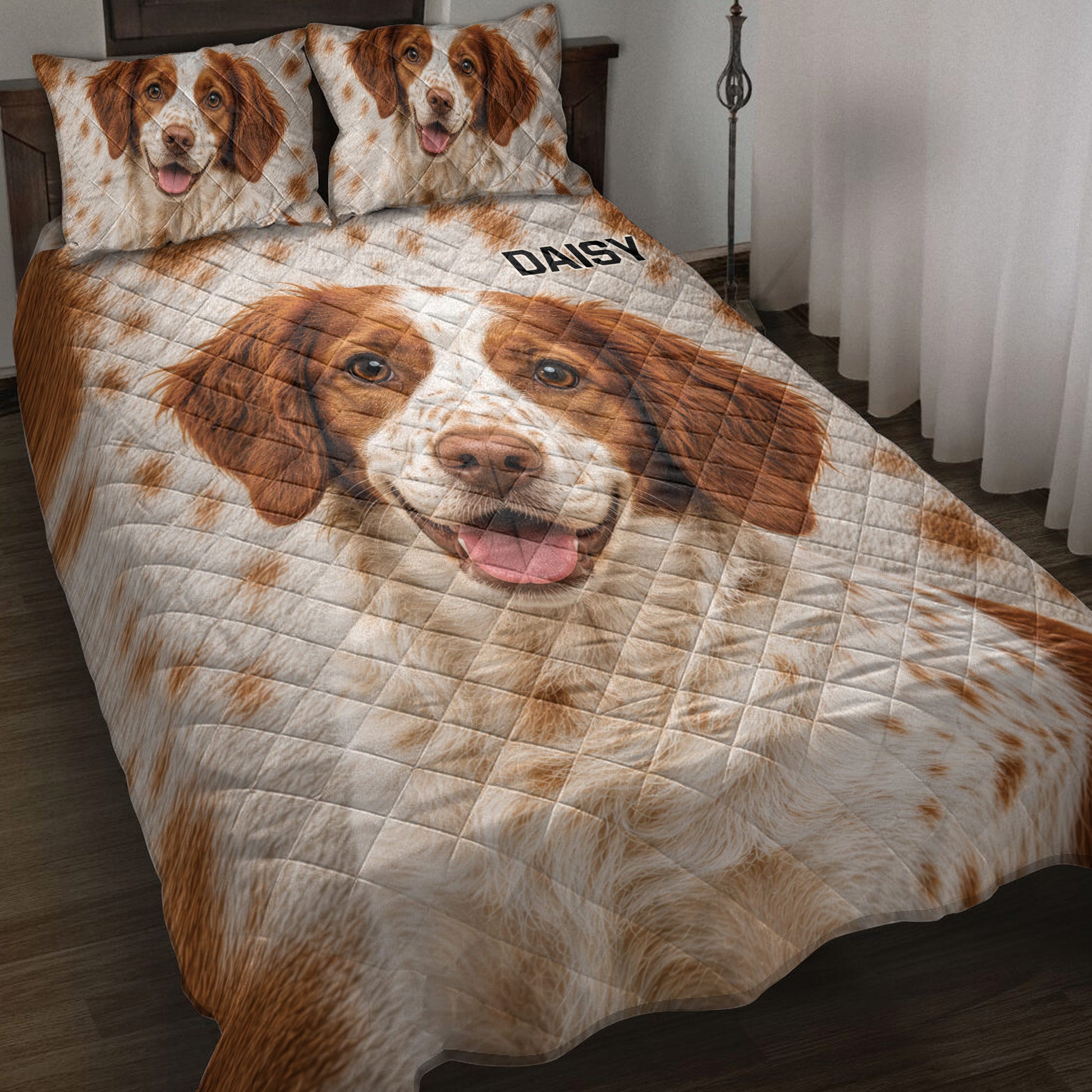 Brittany Spaniel quilt blanket displayed on a bed with matching dog portrait bedding accents