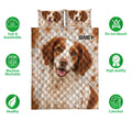 Brittany Spaniel quilt bedding set shown with soft breathable and colorfast feature icons
