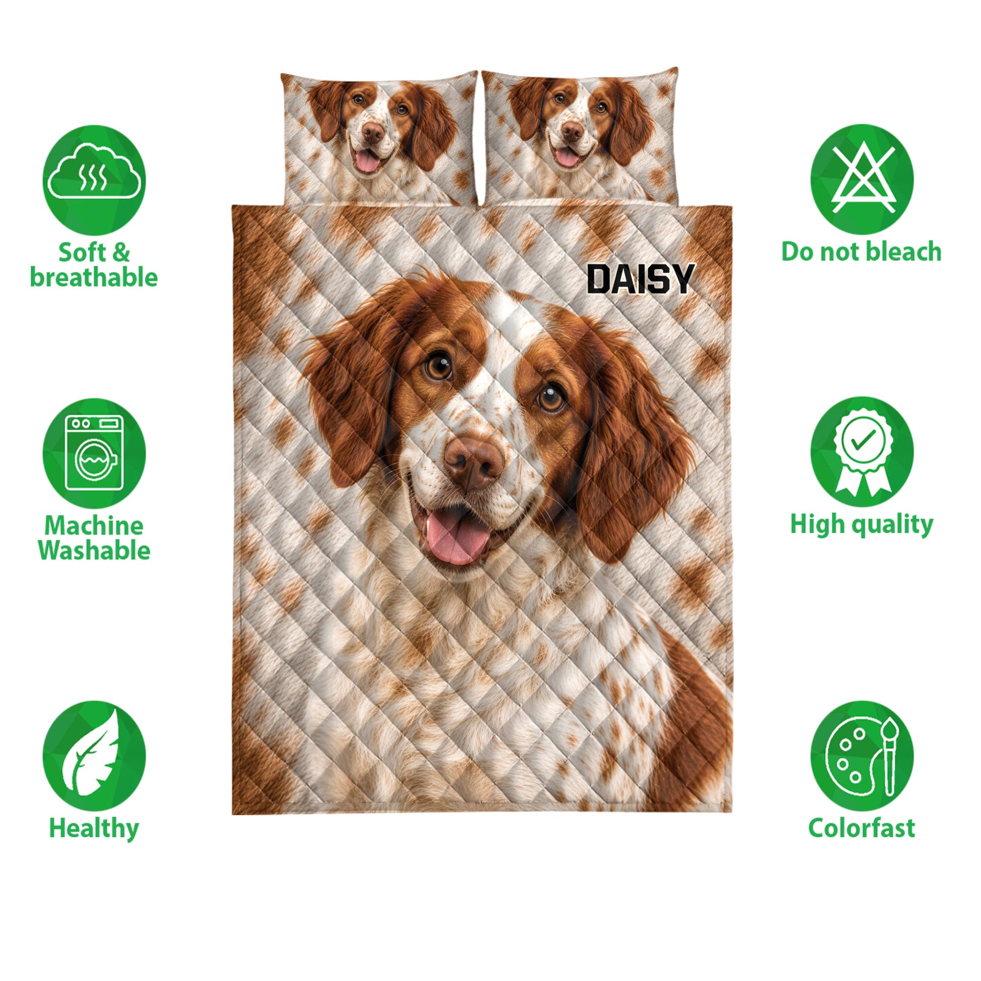 Brittany Spaniel quilt bedding set shown with soft breathable and colorfast feature icons
