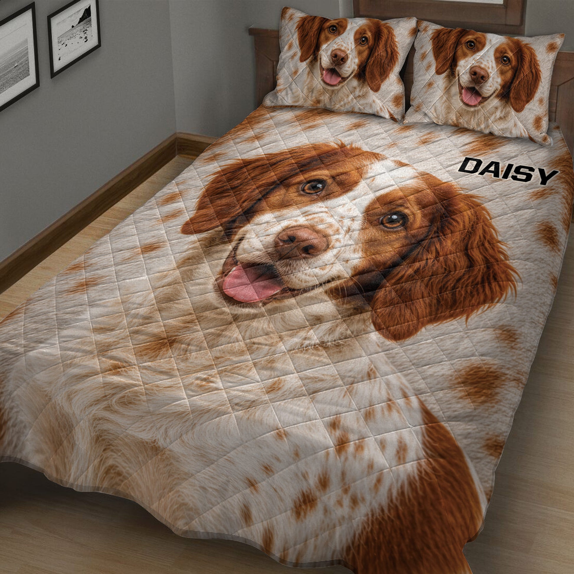 Brittany Spaniel quilt spread across a bed with a large close-up dog portrait design