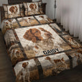 Brittany Spaniel quilt blanket displayed on a bed with portrait and outdoor hunting dog scenes