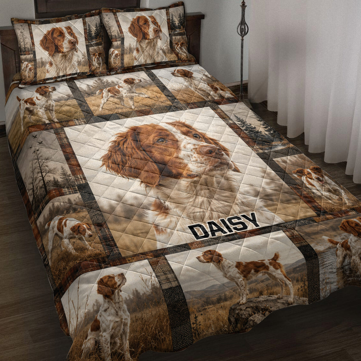 Brittany Spaniel quilt blanket displayed on a bed with portrait and outdoor hunting dog scenes