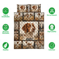 Brittany Spaniel quilt bedding set shown flat with repeated dog portraits and woodland artwork