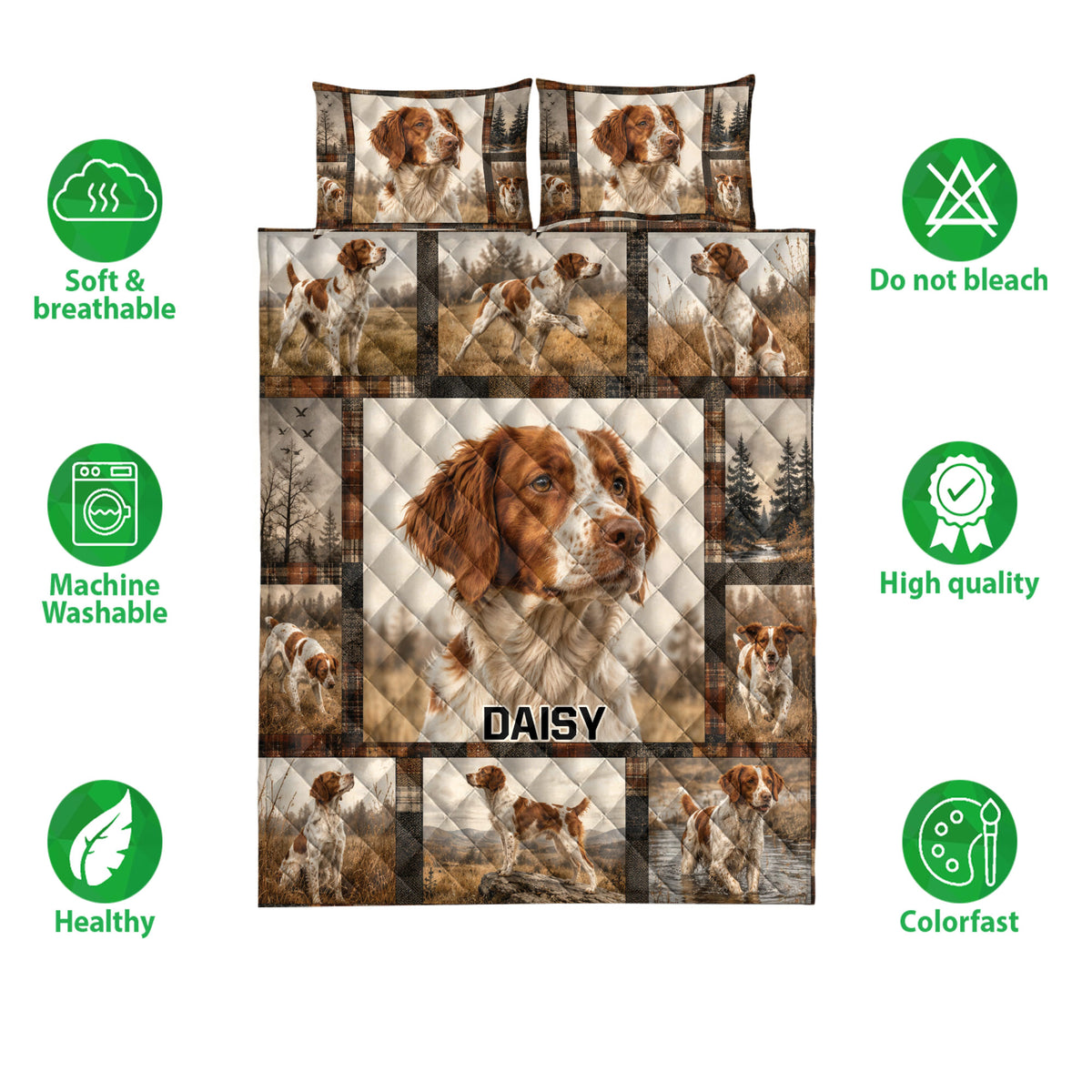 Brittany Spaniel quilt bedding set shown flat with repeated dog portraits and woodland artwork