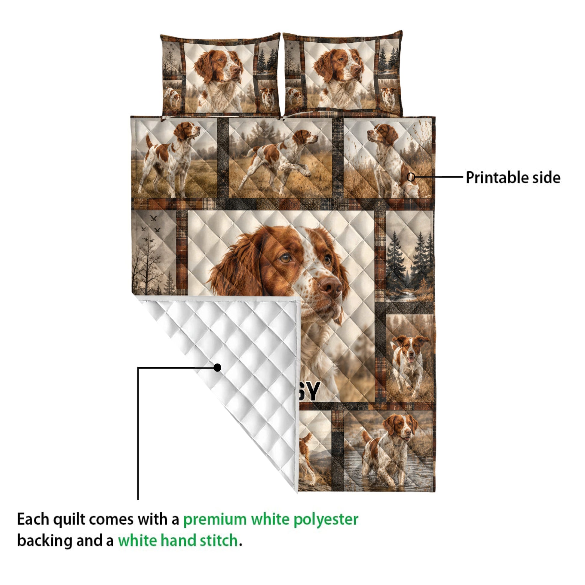 Brittany Spaniel quilt showing the printed front and white quilted polyester backing