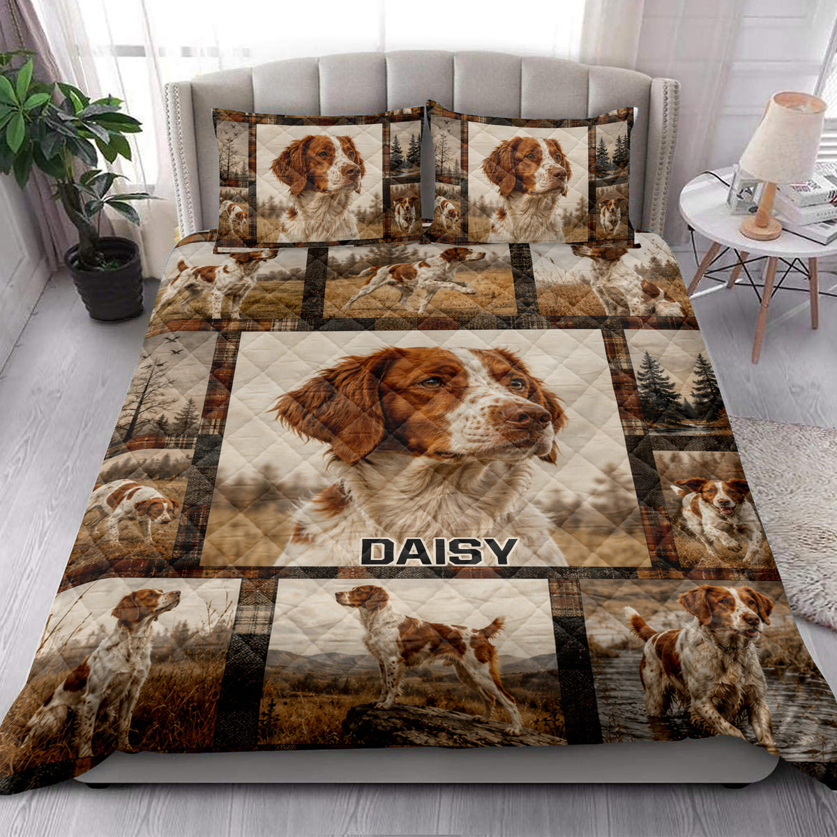 Brittany Spaniel quilt blanket styled in a bright bedroom with matching dog artwork