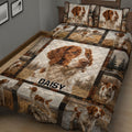 Close view of Brittany Spaniel quilt bedding with field scenes, forest accents, and portrait artwork
