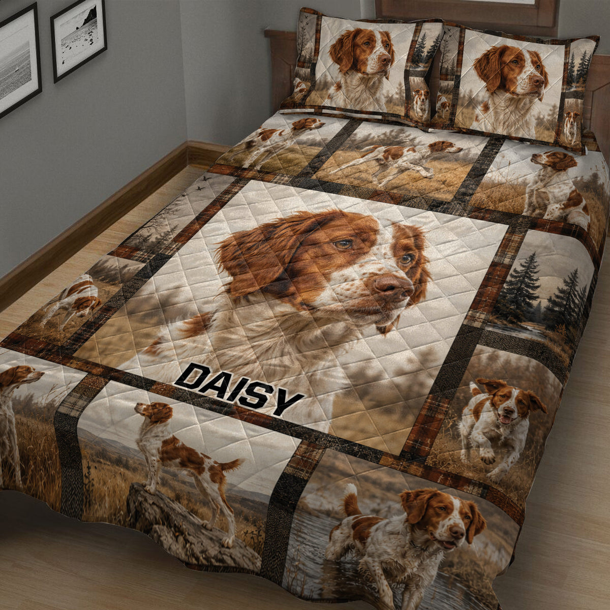 Close view of Brittany Spaniel quilt bedding with field scenes, forest accents, and portrait artwork