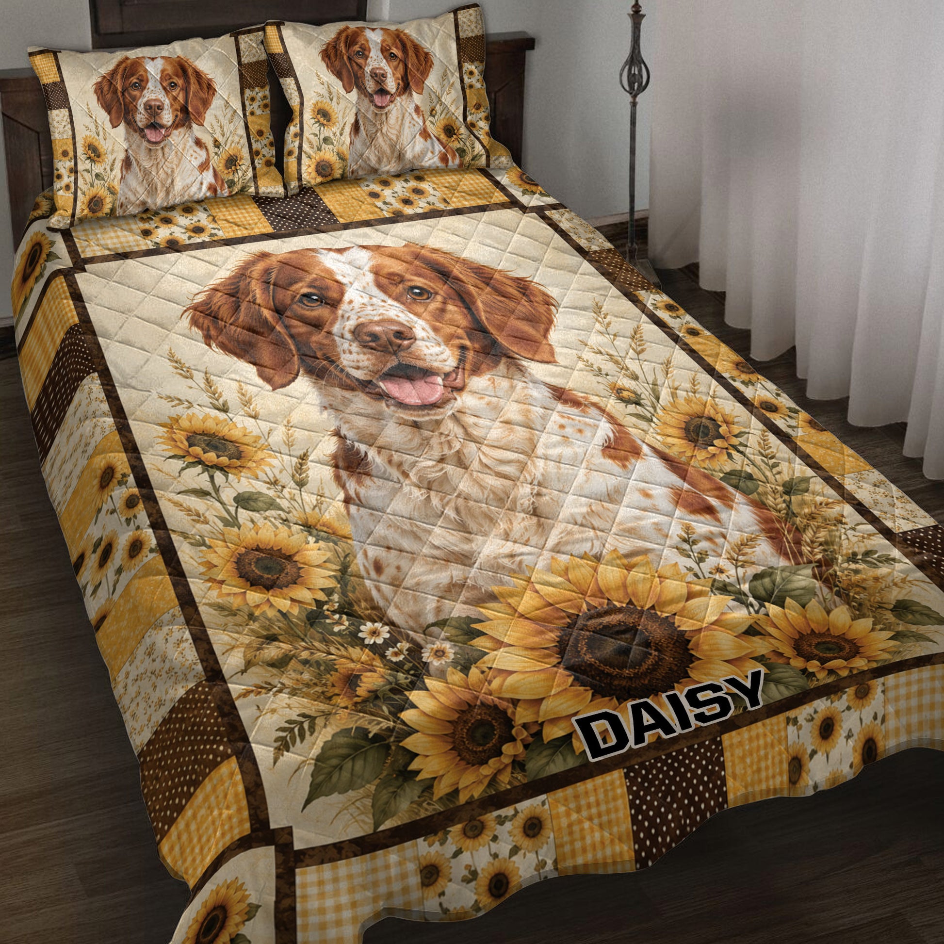 Brittany Spaniel quilt blanket displayed on a bed with sunflower patchwork and rustic brown borders