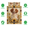 Brittany Spaniel quilt bedding set with sunflower artwork shown alongside breathable and washable feature icons