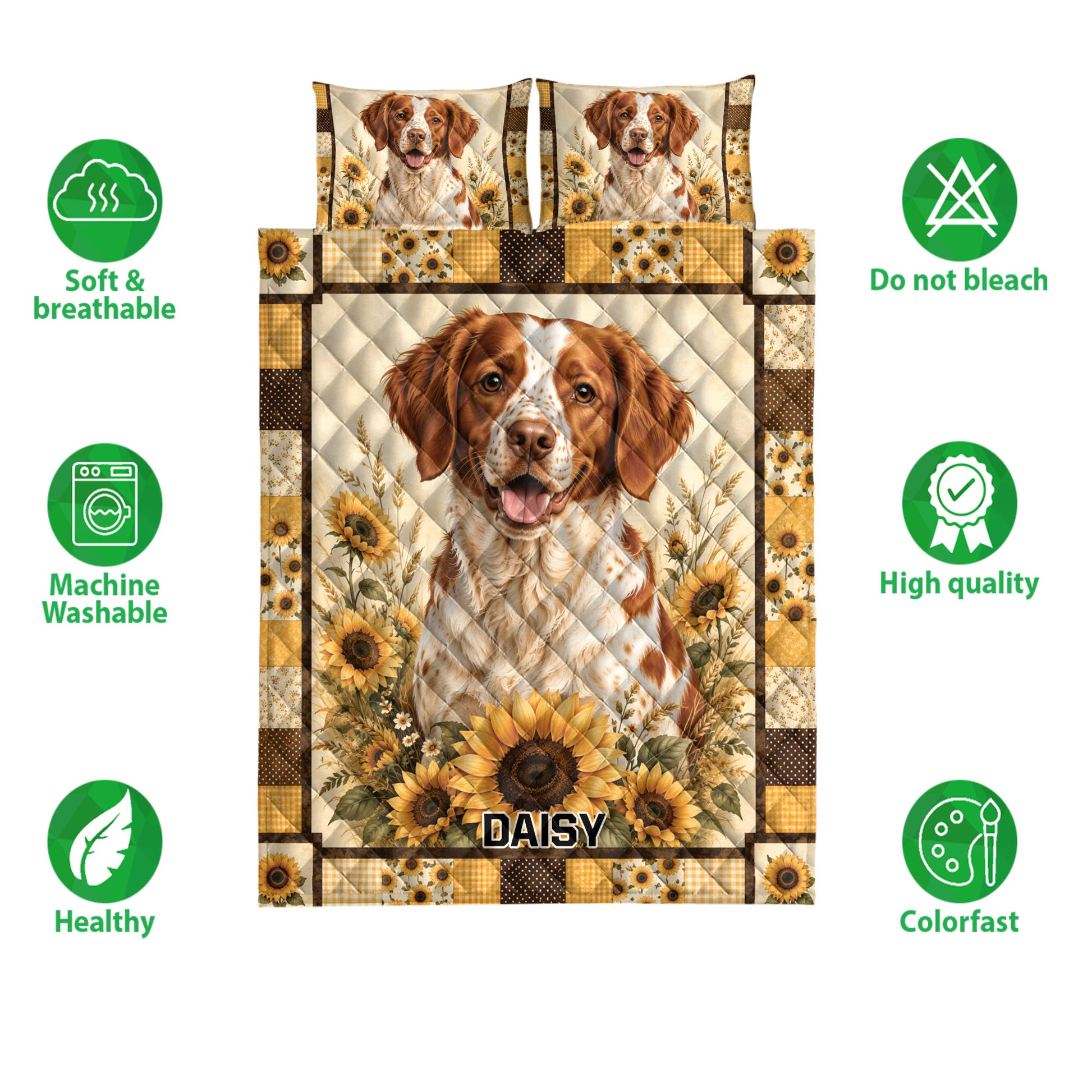 Brittany Spaniel quilt bedding set with sunflower artwork shown alongside breathable and washable feature icons