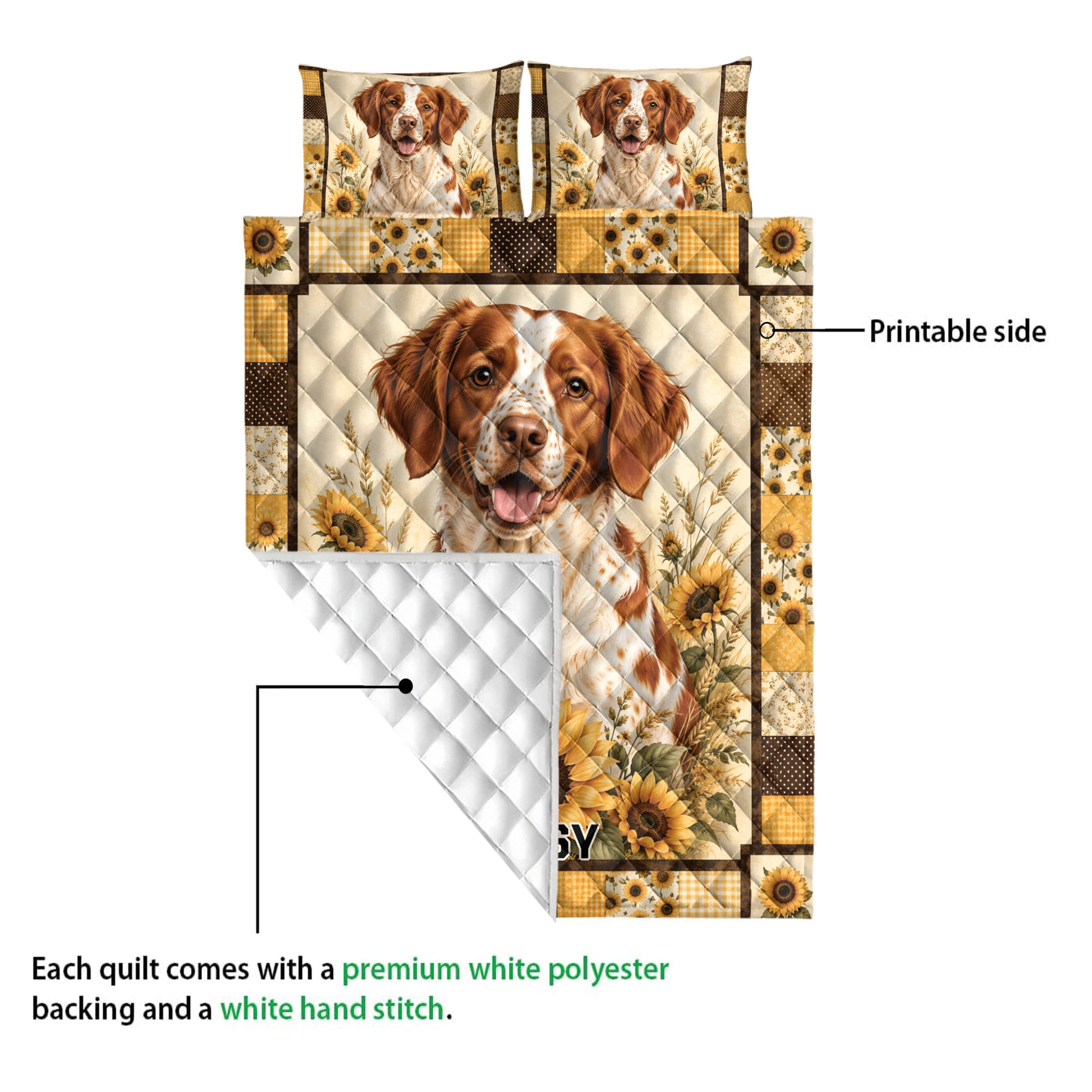 Brittany Spaniel quilt showing the printed floral dog artwork and white diamond-quilted backing