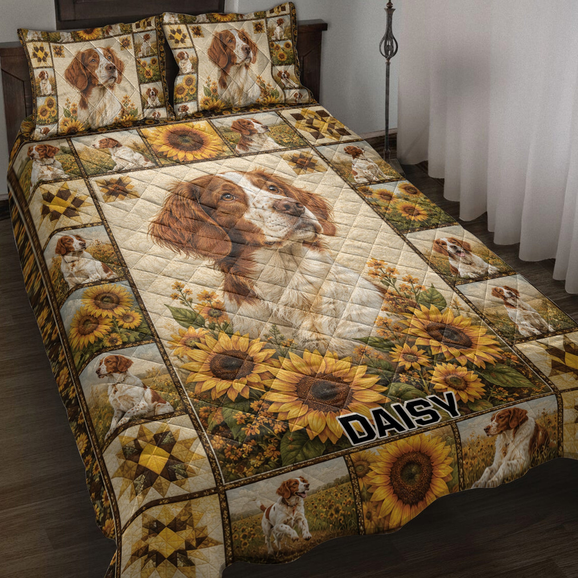 Brittany Spaniel quilt blanket with sunflower artwork displayed across a warmly styled bedroom