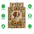 Brittany Spaniel quilt bedding set with sunflower panels and product feature icons